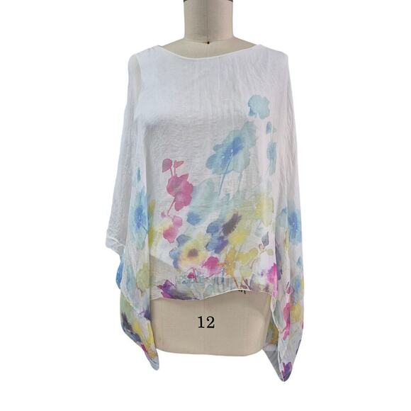 Elena Baldi Women Silk Top White Floral Asymmetrical Hem Italy Classic Fairy L - Picture 1 of 6